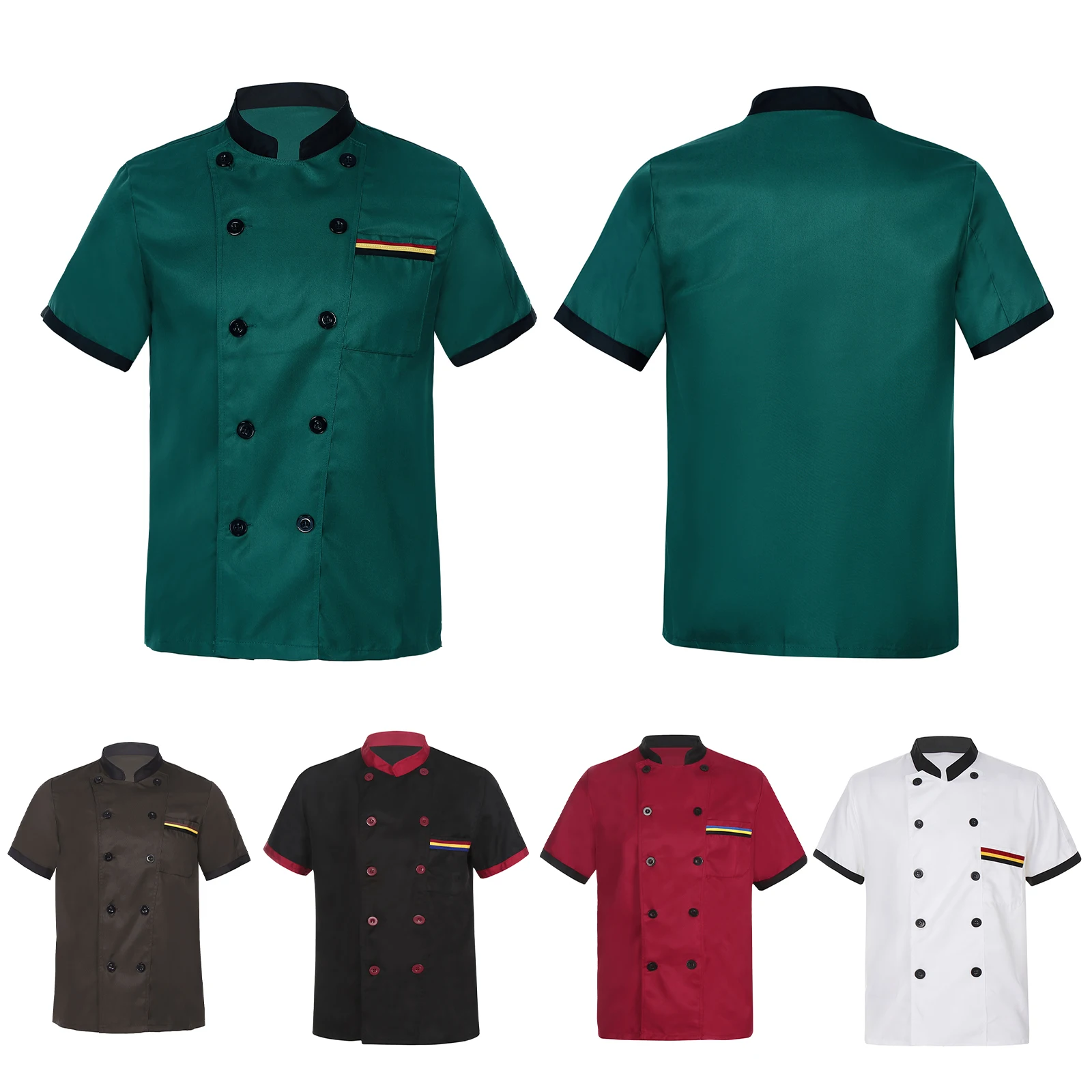 Mens Chef Shirt Work Uniform Contrast Color Stand Collar Cooking Shirt Chef Coat Jacket Adults Food Service Kitchen Tops Costume