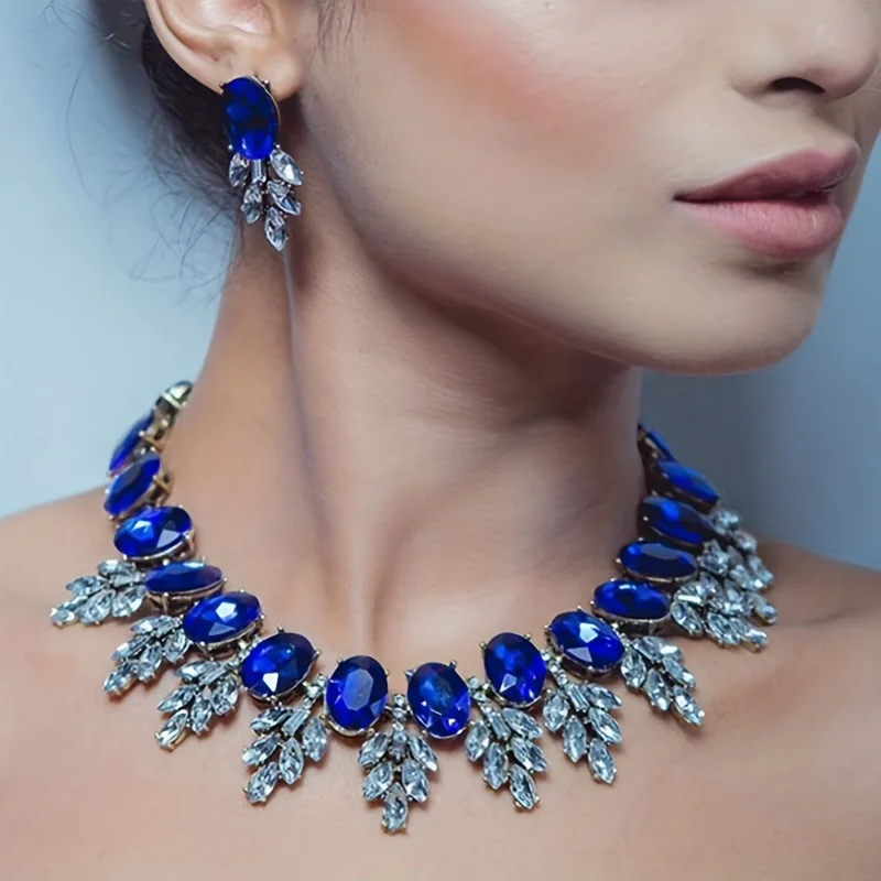Vedawas 3pcs/set Geometric Rhinestones Necklace earring set,Shiny luxurious wedding party women accessories set