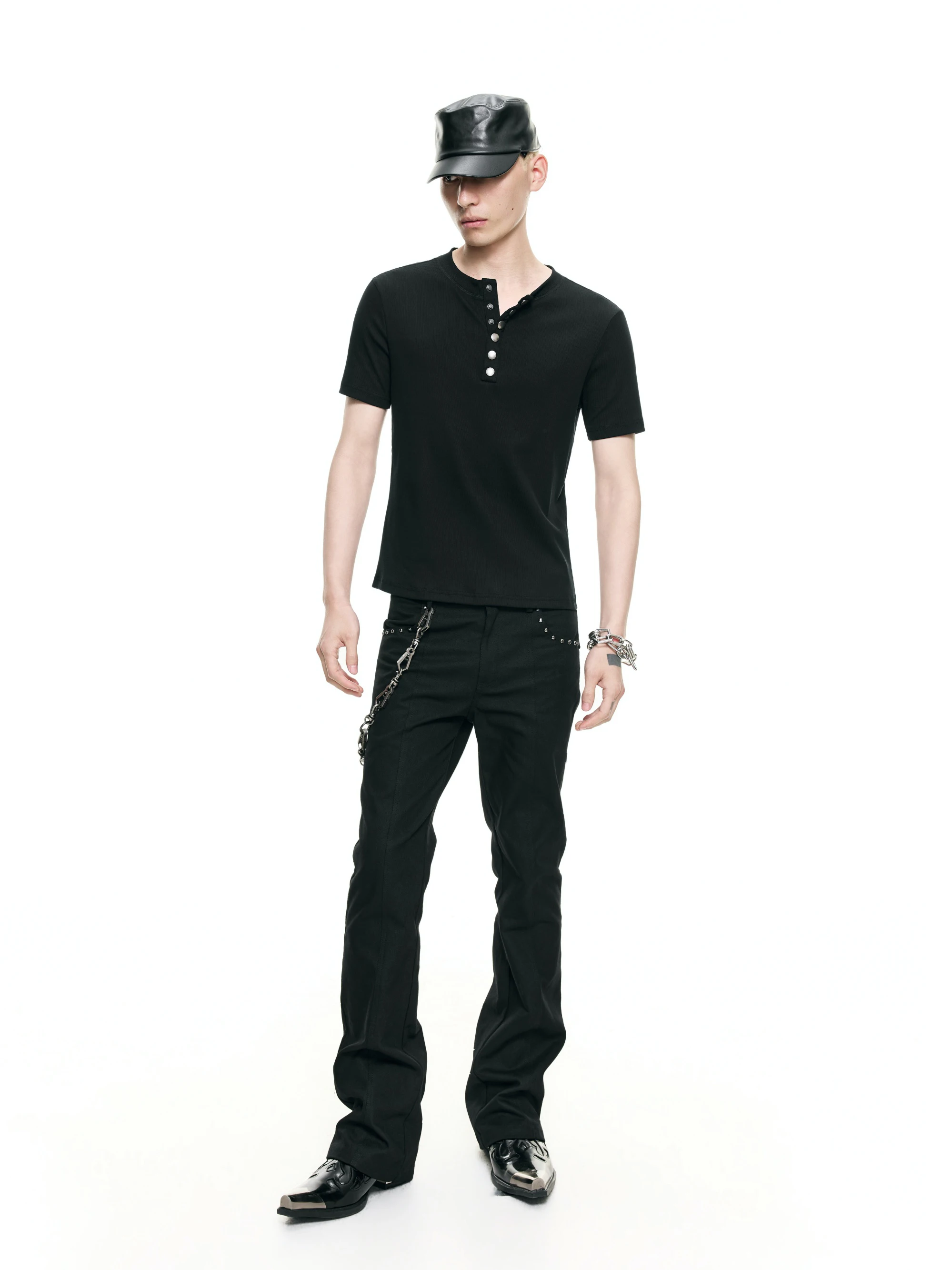 FRKM SCD 26 FS Men's Slim Fit T-Shirt Henry Collar Short Sleeve Metal Buckle Casual Cotton Polyester Sweat Absorbent Summer Top