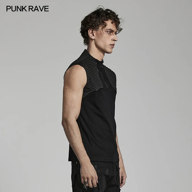 PUNK RAVE Men's Technological Cyber Vest Punk Style Front Collar Chunky Zipper Daily Spring and Summer Mens Black Tank Top