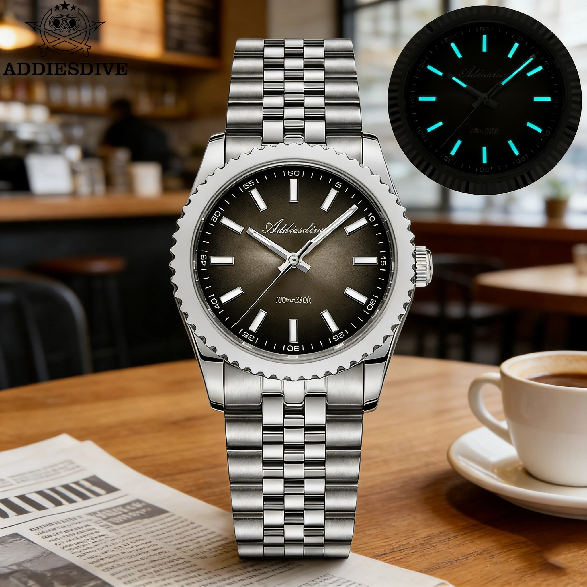 

Часы ADDIESDIVE из нержавеющей стали для женщин AD2073 с сапфировым стеклом, 36 мм, японский кварцевый механизм VH31, водонепроницаемость 10 бар, светящиеся часы для дайвинга