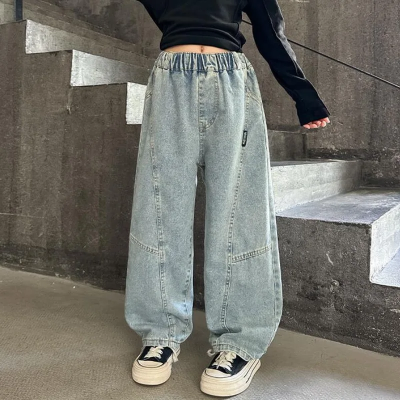 Spring Teen Girls Patchwork Design Jeans Cool Streetwear Kids Blue Denim Pants Ashionable Casual Wide-leg Trousers Clothes
