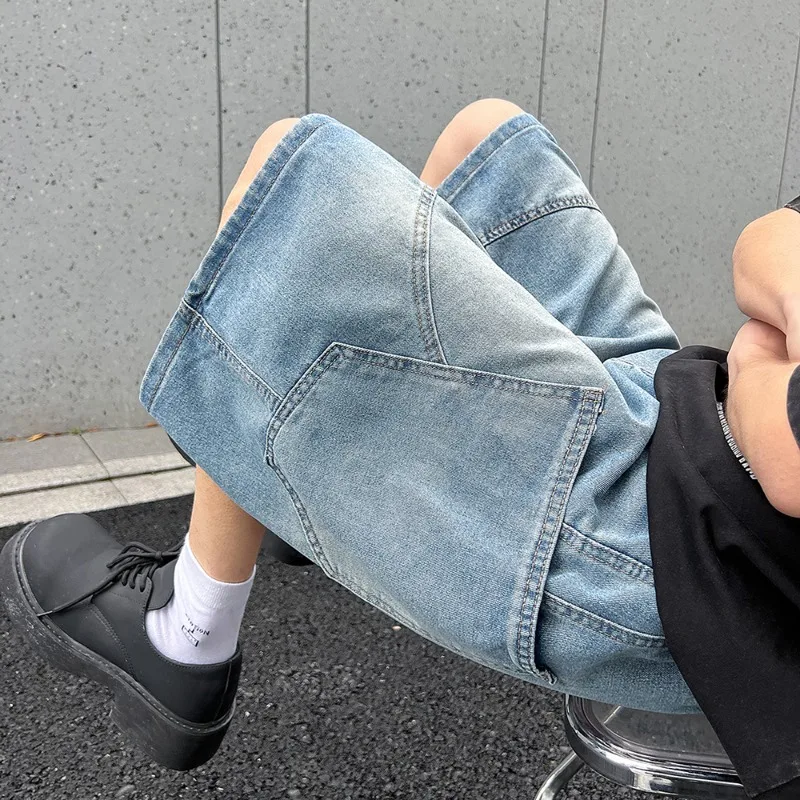 Celana Pendek Denim Longgar Baru Musim Panas Jeans Harajuku Lurus Kasual Fashion Celana Pendek Serut Cuci Antik Pria Pakaian Jalanan