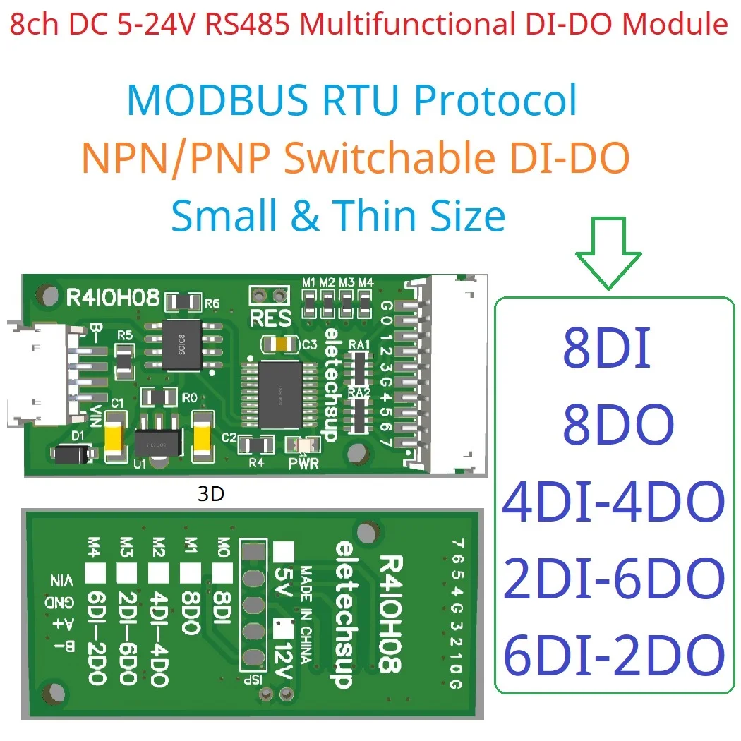 Mini 8CH RS485 DI-DO Module Multifunctional Digital Input Output NPN PNP Modbus RTU PLC Remote IO Expansion Board DC 5V 12V 24V