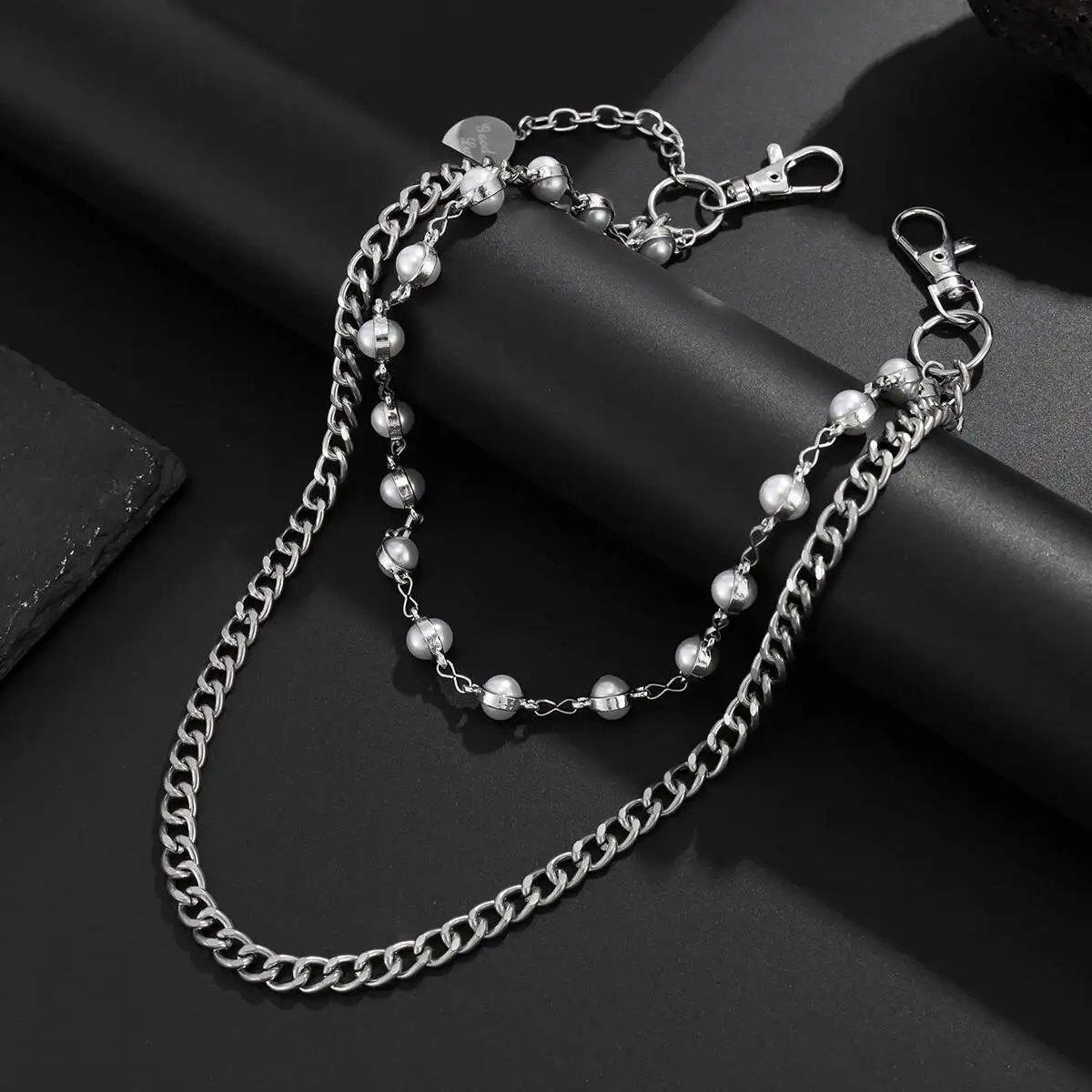 PuRui Hip Hop Punk Imitation Pearls Jeans Pants Chain Men Women Vintage Creative Multilayer Keychain Couple Jewelry Accessories