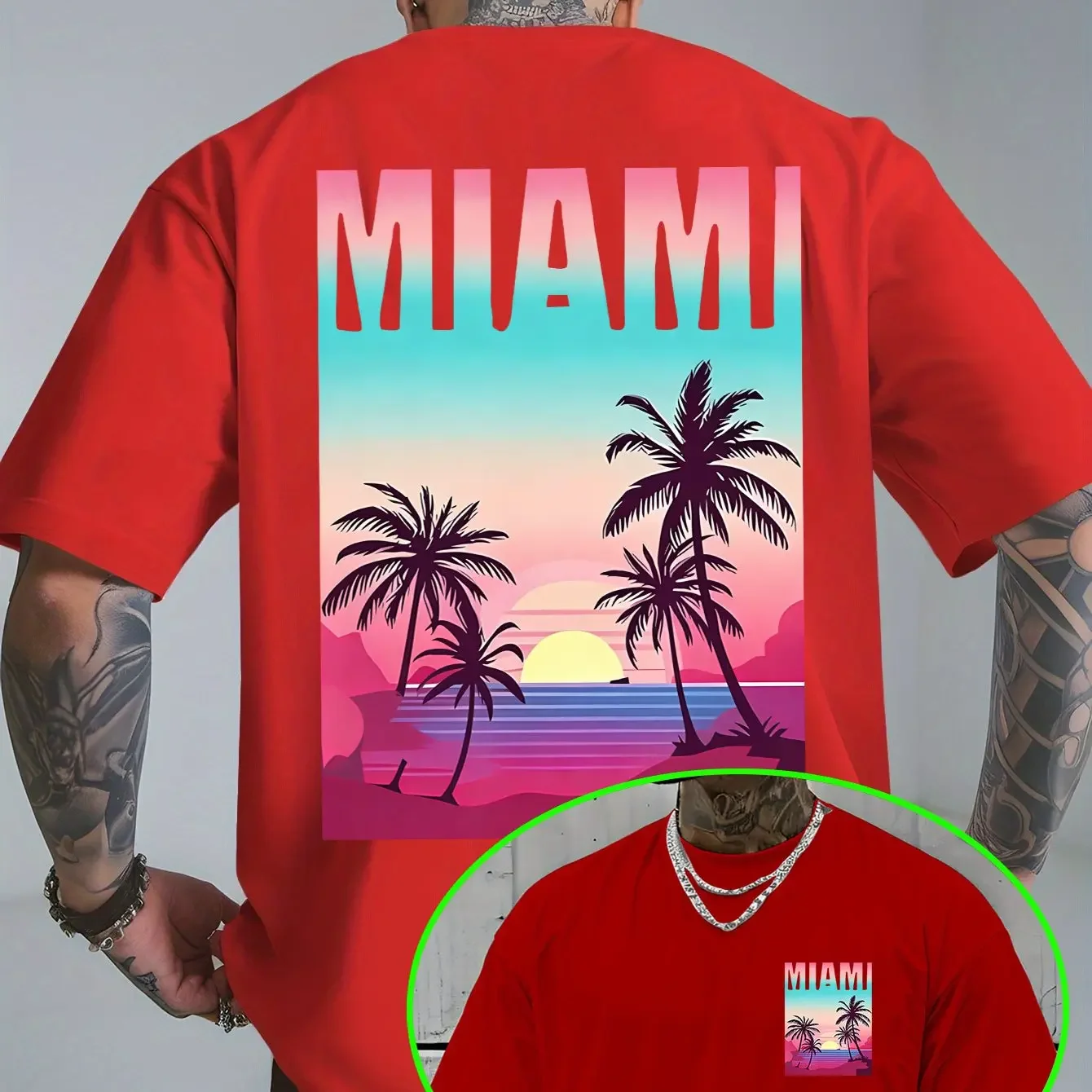 100% Pure Cotton Breathable Neon Gradient MIAMI Men's Beach Scene T-shirt a Versatile Top for Summer Beach Outings