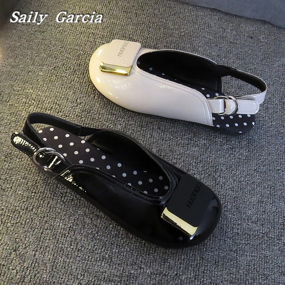 Glossy Round Toe Metal Buckle Strap Shallow Flat Shoes Summer New Polka Dots Insole Slip On Shoes Classic Casual Fashion Shoes