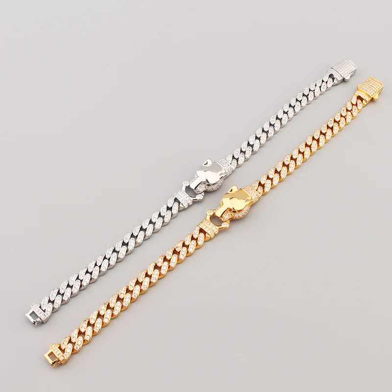 Europe America Style Street Hip Hop Men Women Lady Inlay Cubic Zircon Leopard Head Cuban 8 Inch Chain Bracelet