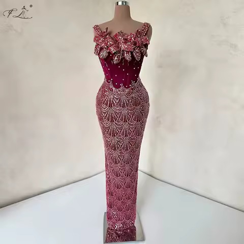Floral Sequin Beaded Mermaid Dress Purple-Red Long Evening Gown Fitted Crystal Embellished Strapless Cocktail Dress Customizable