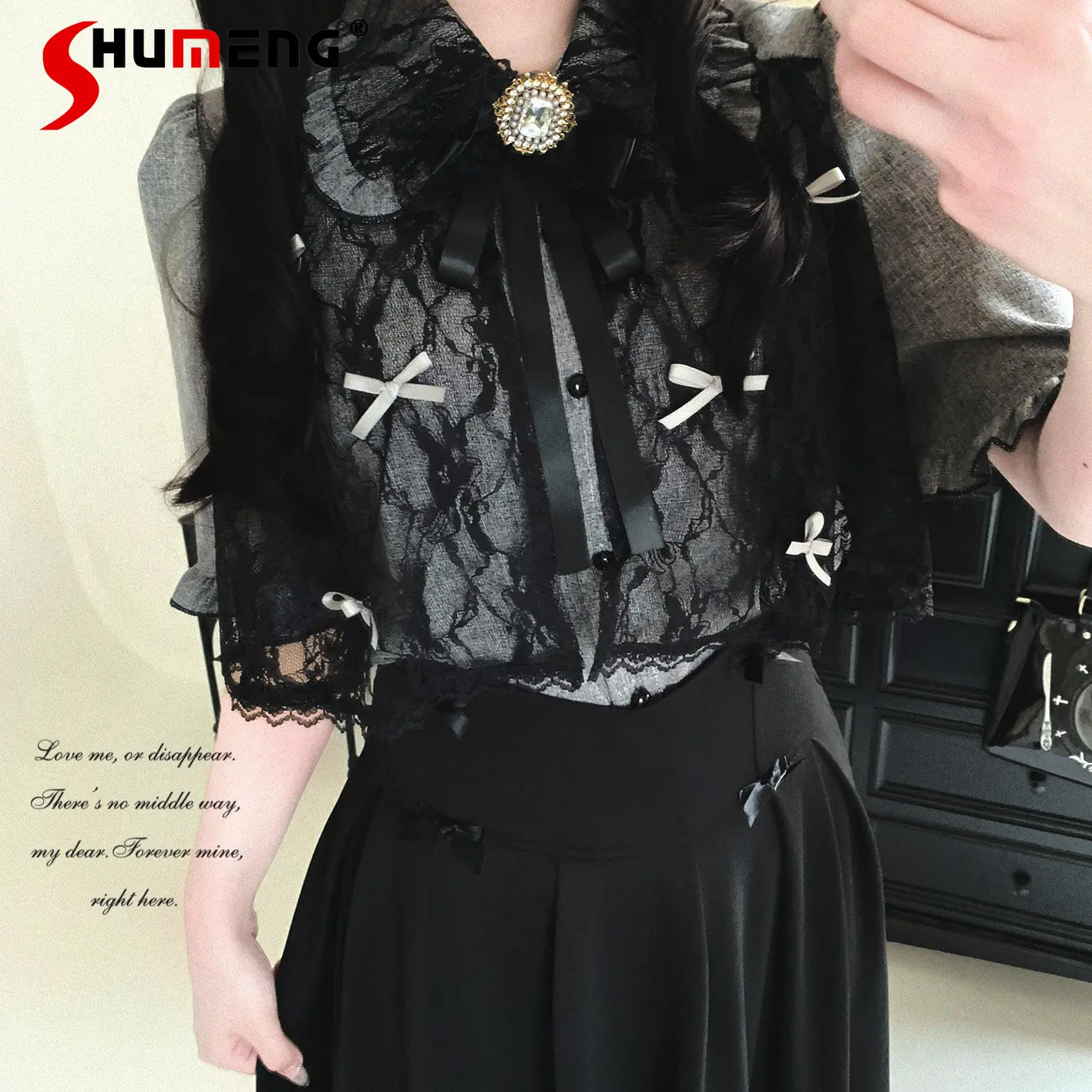 

Original Japanese Mines Style Sweet Cute Girls Blouse Lace Spliced Short Sleeve Single-Breasted Versatile Lolita Shirt Top Women