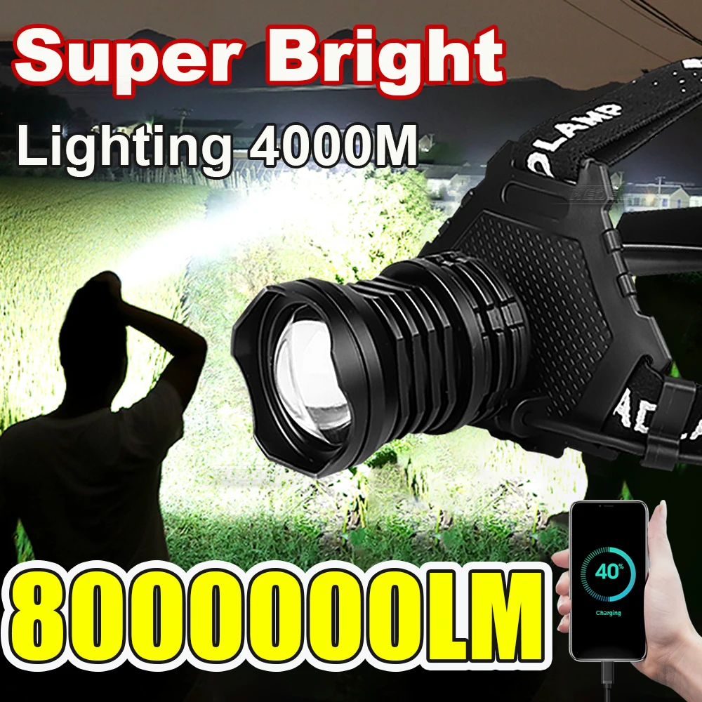 

Сверхмощный светодиодный налобный фонарь 8000000LM, перезаряжаемый, суперяркий, для рыбалки, 5 режимов, для кемпинга и активного отдыха