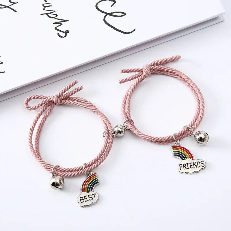 1 Pair Magnet Attract Couple Bracelet Rainbow Bell Pendant Friendship Jewelry Adjustable Braided Rope Bangle for Women Men