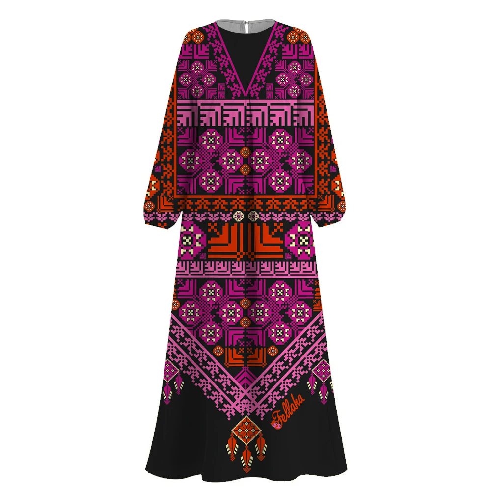 Fashion Abaya Women Muslim Dresses Islamic Clothing Boho Print Dubai Marocain Robe Femme Long Sleeve Round Neck Kaftan Dress