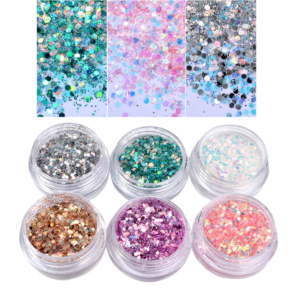 

6pcs Nail Glitter Sequins Iridescent Flakes Ultra-thin Tips Colorful Mixed Paillette Face Body Hair Nail