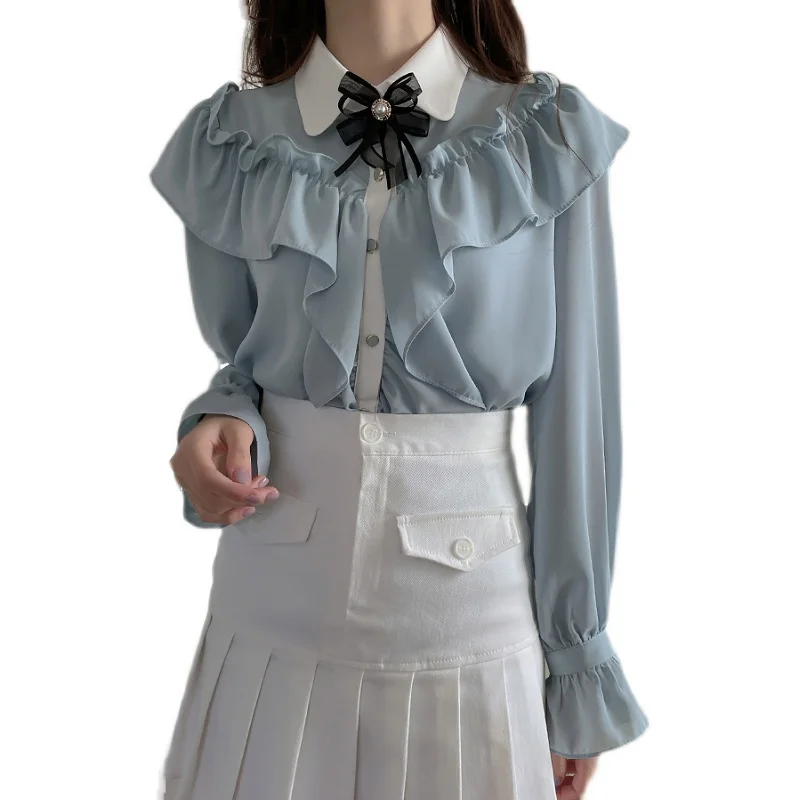 2023 Fairy Princess Design Girls Women Ruffles Dot Shirt Ribbon Bow Tie Cute Japan Preppy Style Tops Blusas