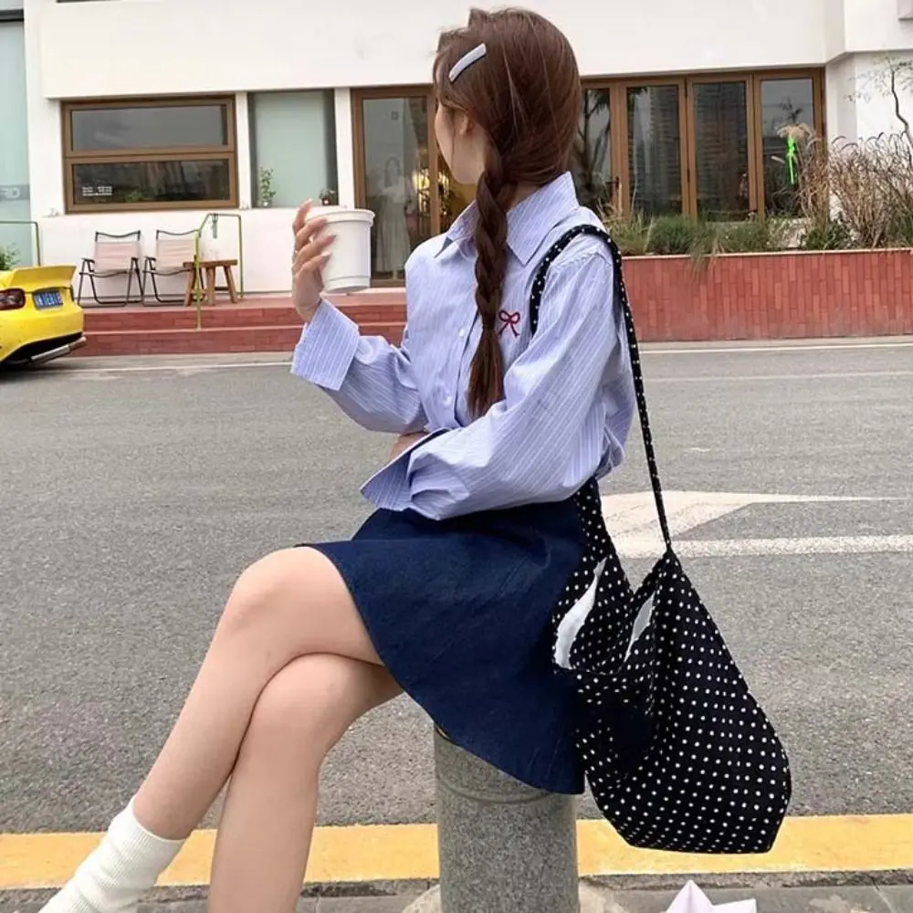 

Y2K полосатые рубашки на пуговицах в консервативном стиле с вышивкой и бантом в полоску блузка женская свободная весенне-осенняя блузка с длинными рукавами для девочек