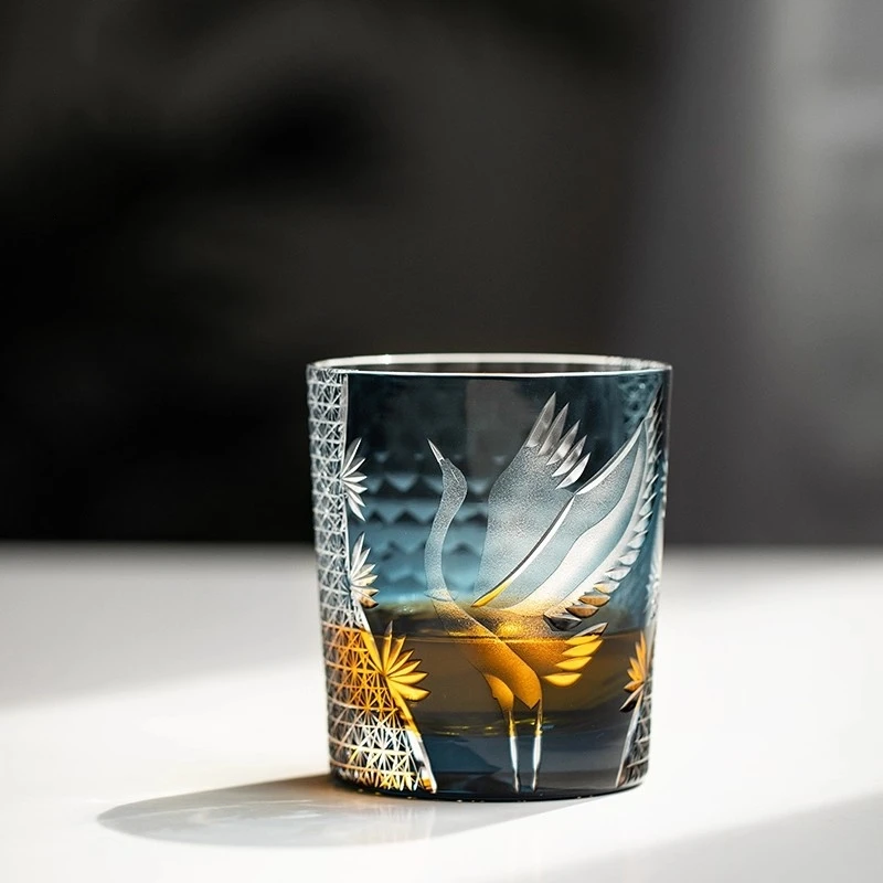 

Japanese Style Edo Kiriko Crystal Whiskey Glasses Manual Engraving Art Crane Rock Glass Whisky Cup Wineglass Brandy Wine Snifter