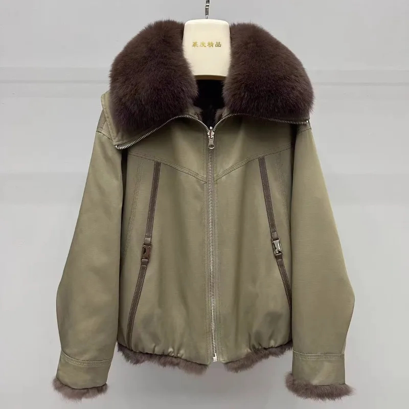 2026 High-Quality Double-sided Wear Rabbit Fur Coat Women's Winter Short Parka Detachable Fox Fur Collar Jackets Loose Outerwear