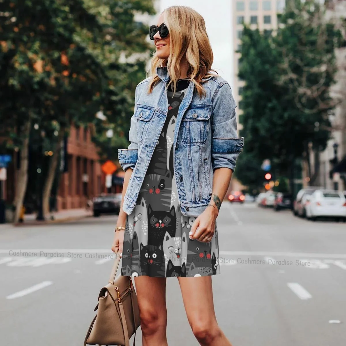 فستان نسائي كارتوني لطيف القطط الصيف عادية تي شيرت فساتين الشاطئ التستر فستان تانك