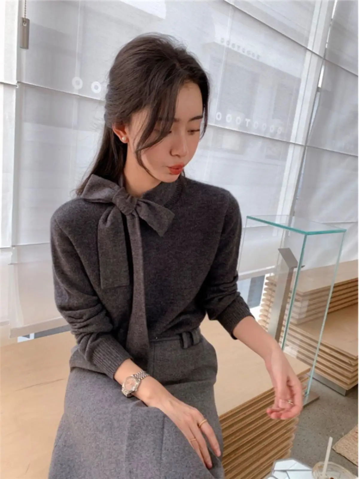 

Ele Camere Knitted Sweater Women Spring Autumn Loose Slimming Thin Wool Base irt Top French Sle Soft Long Sve