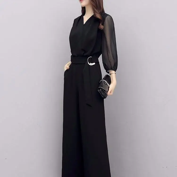 Pant Sets Womens  3XL Jumpsuits Solid High Waist Sashes Full Length Leisure Spring Summer Elegant Womens Korean Style