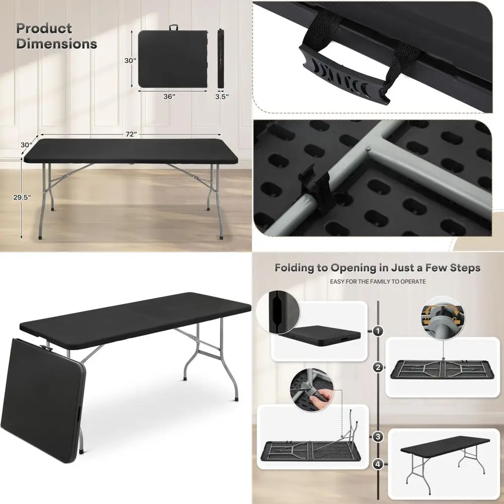 

Портативный складной квадратный стол длиной 6 футов с ручкой для кемпинга, пикника, вечеринок и карточных игр — легкий, складной, черный