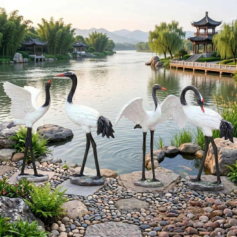 Outdoor Simulation Crane Fiberglass Sculpture Garden Villa Pool Landscape White Dew Red-crowned Crane Animal Decorative