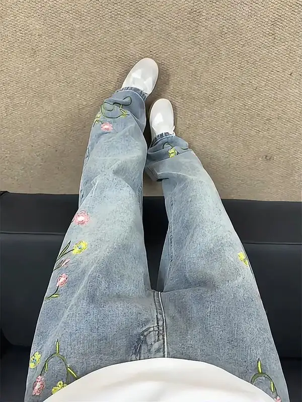

Retro American Embroidered Denim Jeans Men's Loose Straight Leg Bell Bot Waed Vintage Floral Pattern Autumn Season