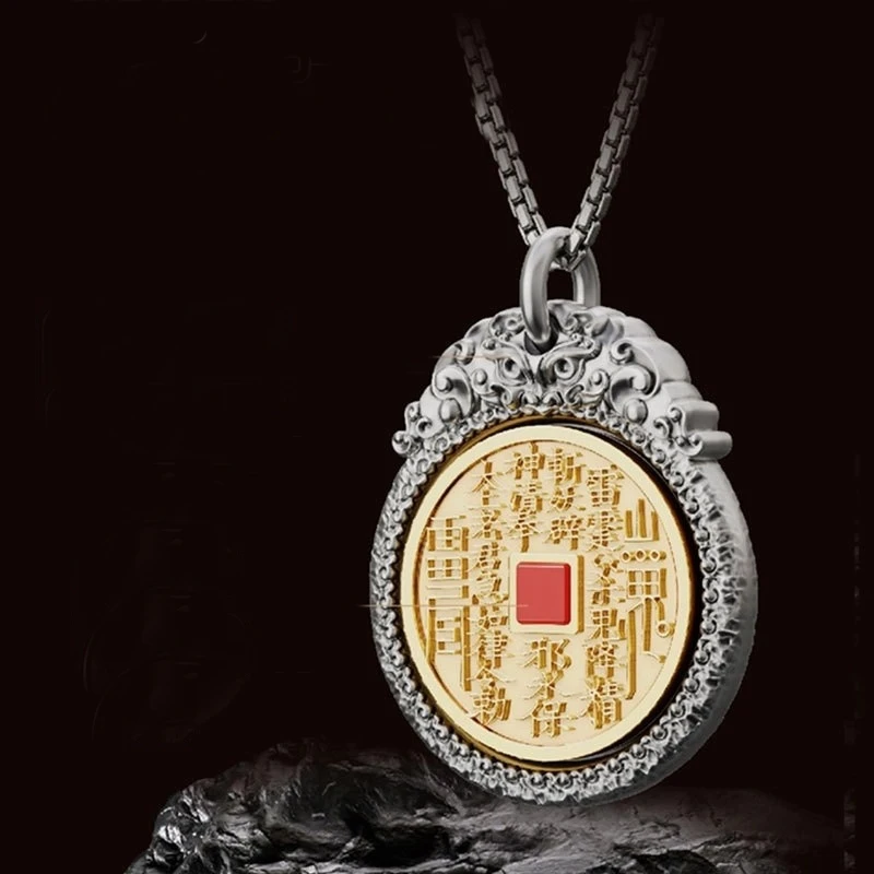 Ethnic Style Cinnabar Taoist Scriptures Necklace Men Jewelry Retro Ancient Divine Beast Taotie Safety Buckle Amulet Male Jewelry
