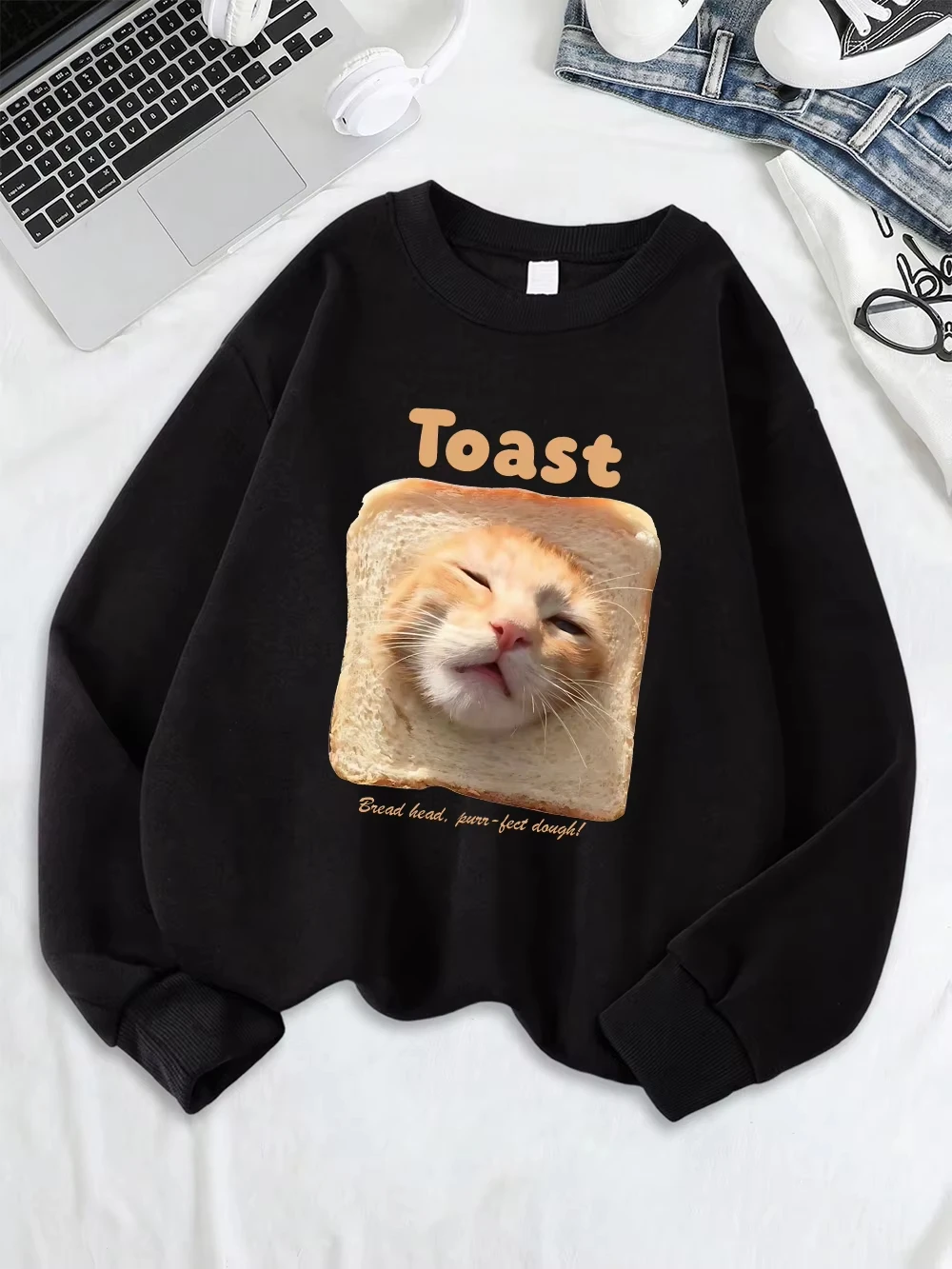 

Toast Cat Funny Printing Sweatshirts Womens Winter Loose Hoodie Casual Crewneck Pullover Fleece Warm Comfortable Womans Clothes