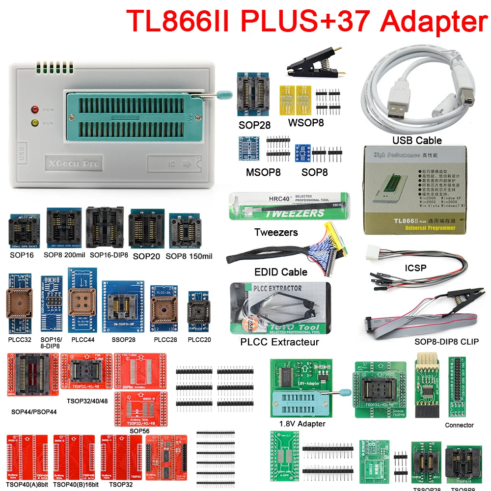 

XGecu T48 (TL866-3G) TL866II Plus + 37 Adapter Programmer Support 32000+ ICs for SPI/Nor/NAND Flash BIOS MCU EEPROM AVR PIC