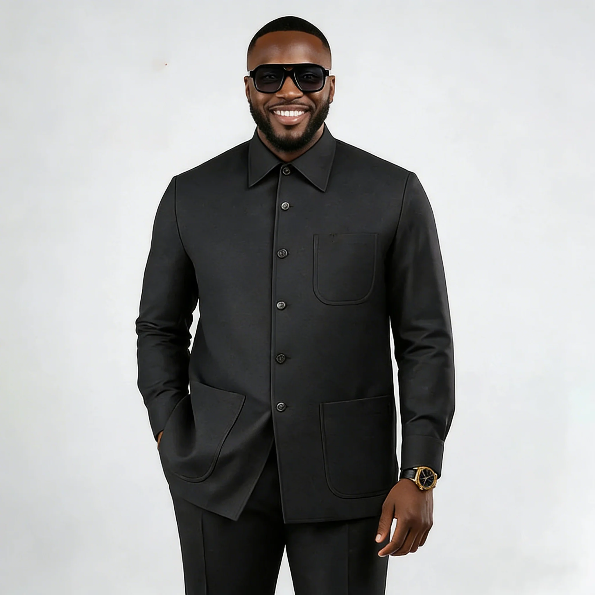 

Black Men Suits Solid Color 2 Pieces Jacket Pants Full Sets Single Breasted Big Pockets Custom Smart Casual Daily Blazer Sets