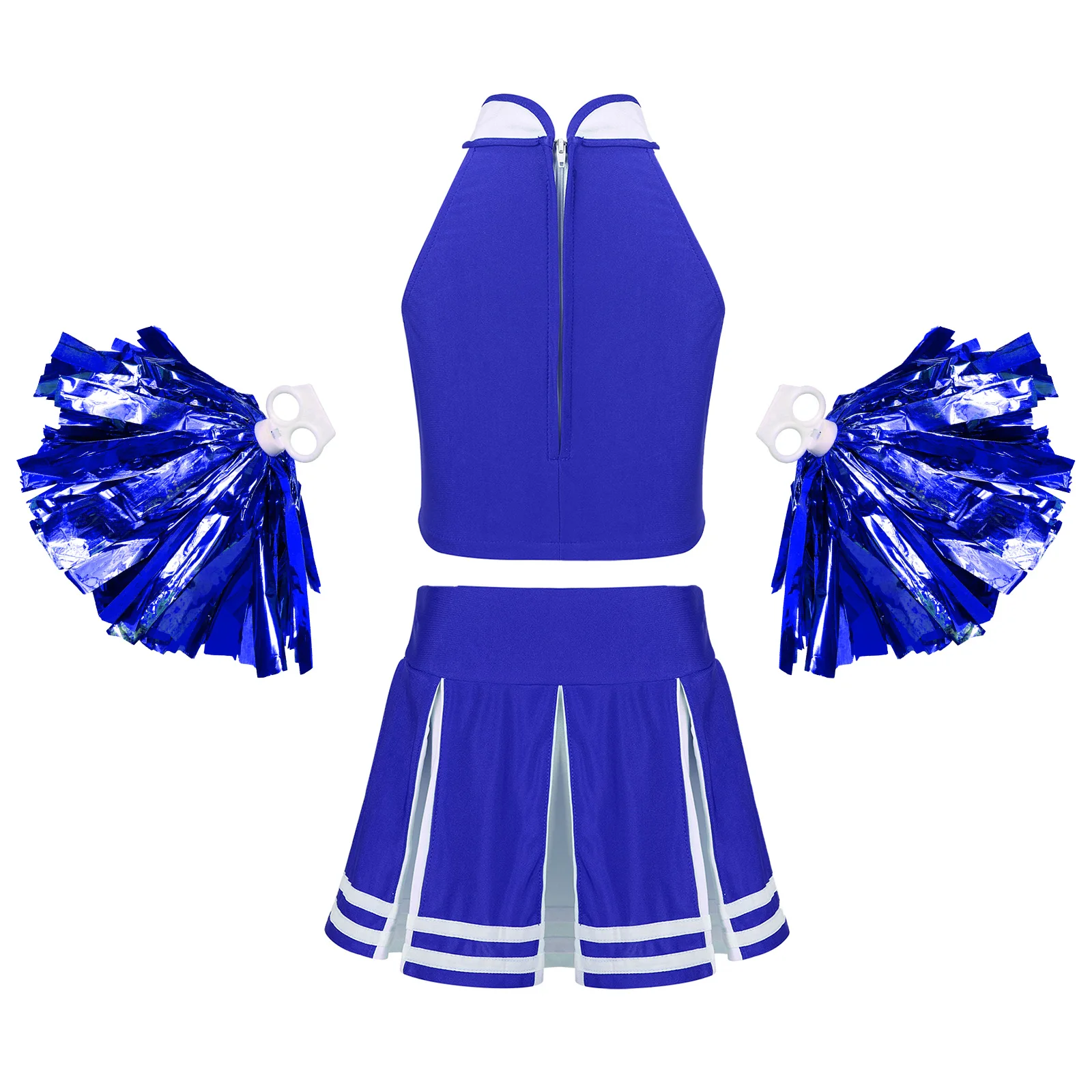 Kids Girls Cheerleader Uniform Dance Costume Cheerleading Outfits High Neck Crop Top with Pleated Skirt and Flower Balls Sets