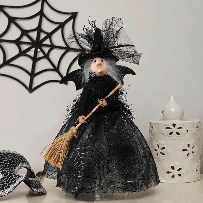 Halloween Witch Doll Home Decorative Tree Topper Spooky Doll Halloween Decoration Witch Broom Figurines Haunted House Props