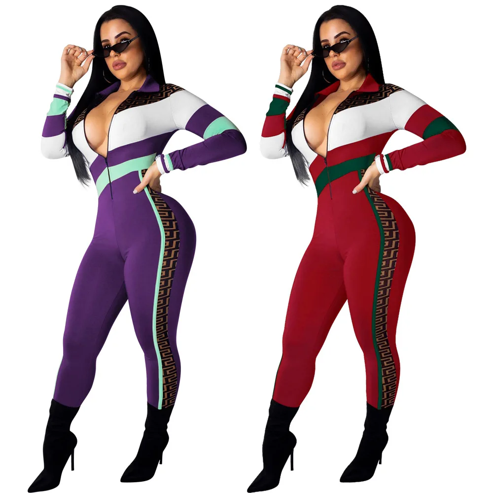 

Foreign trade women's clothing, fashion positioning printing slim, zipper jumpsuit