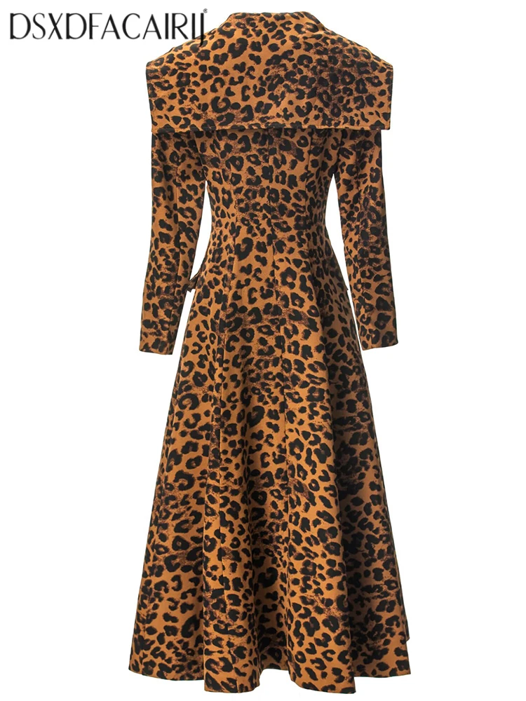 DSXDFACAIRIJ معطف نسائي بطبعة الفهد مزدوج الصدر مع ياقة بحار وأكمام طويلة وجيوب شارع العليا للخريف