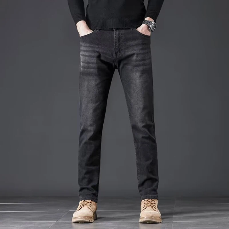 Men Loose Straight Elasticity Jeans Male Korean Style Versatile Slim Fit Denim Pants Vintage Smart Casual Blue-Gray Trousers