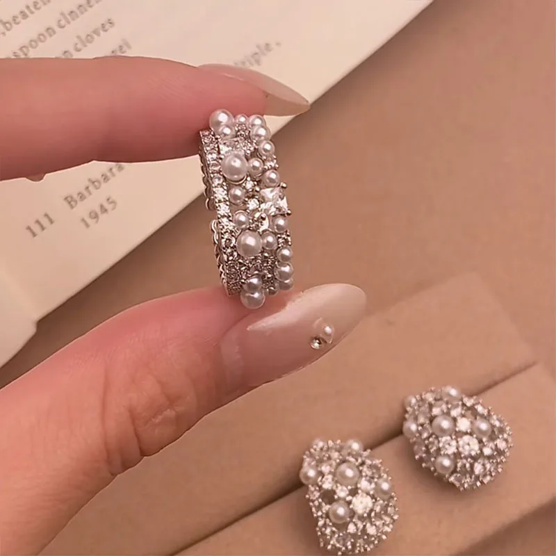 Sweet inlay Diamonds Pearls rings for women Light Luxury Jewelry Exquisite Fashion Ring Earrings Wedding Engagement Jewelry sets