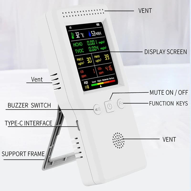 Ręczny detektor jakości powietrza 9 w 1 PM2,5 PM10 HCHO TVOC CO CO2 AQI Temperatura Wilgotność Monitor jakości powietrza Wyświetlacz LCD