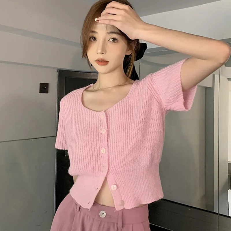 Women\'s Knitted Short Sleeved Thin Cardigan Summer Solid Color Korean Version Elegant Square Neck Casual Fashion Versatile Tops