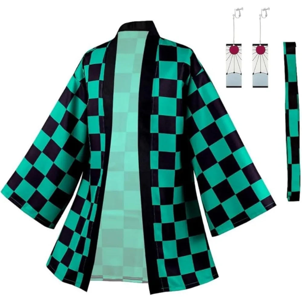 

Anime Demon killer Kamado Tanjirou Haori Cloak Cosplay Costume Green Cloak Earrings Adult Men Halloween Party Role Play Suit