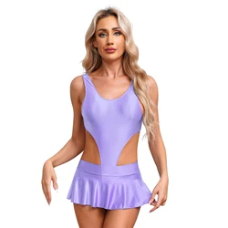 Womens Glossy Swimsuit Sleeveless High Cut Bodysuit with Ruffled Mini Skirt Pool Party Swimwear Beachwear Nightwear Clubwear