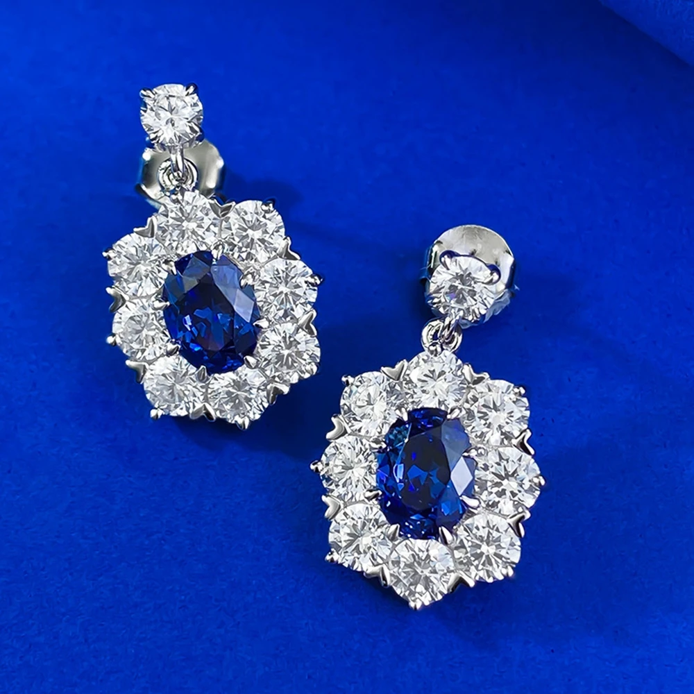 Yaranyan 925 Sterling Silver 6*8 MM Oval Sapphire High Carbon Diamond Gemstone Sparkling Drop Earrings for Women Studs Jewelry