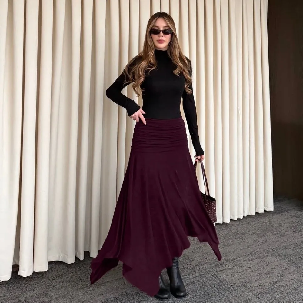 Waist Ruched Knit Maxi Skirt Irregular Hem Loose Fit A-Line Skirt Flowy Silhouette Soft Knit Long Skirt Holiday Occasion