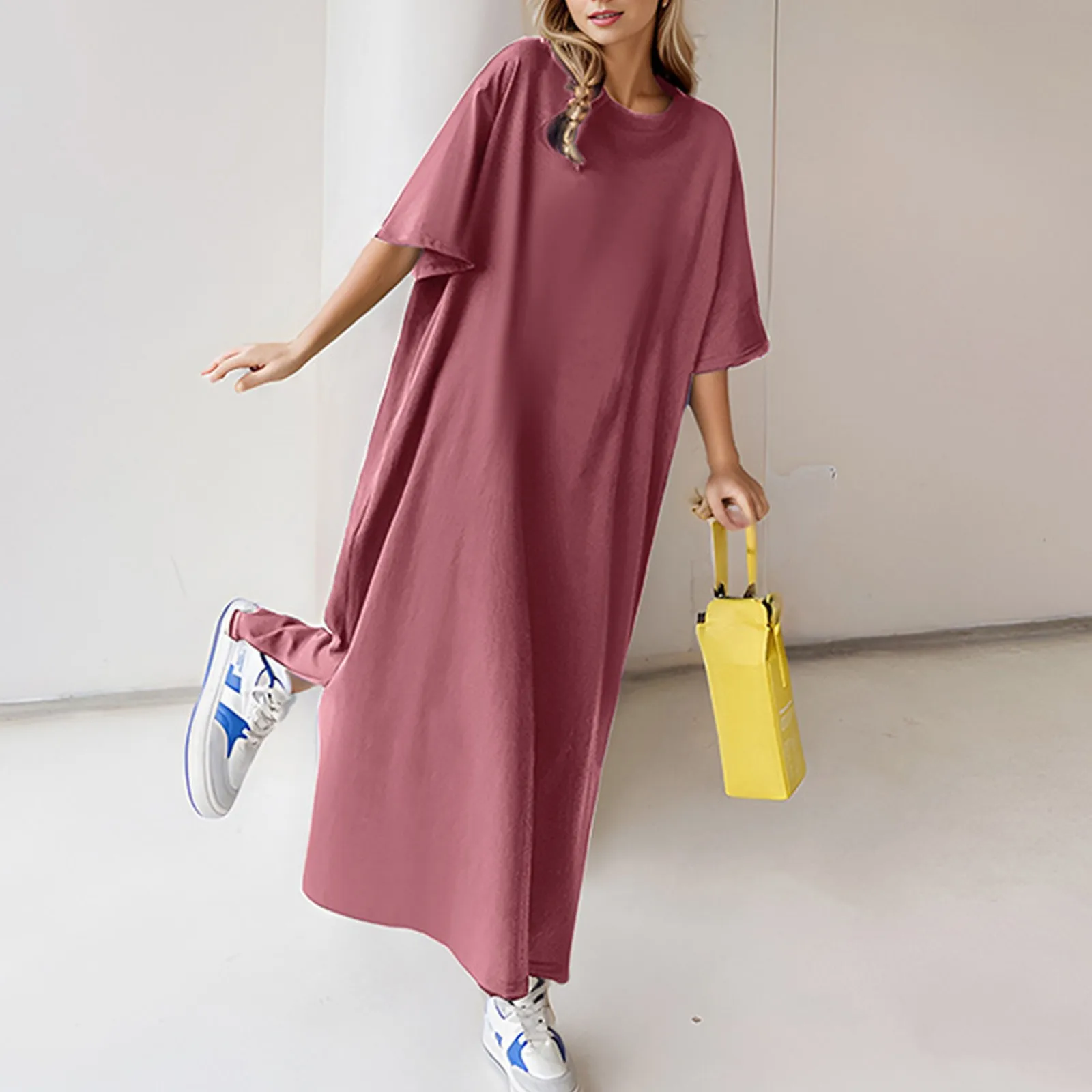 Solid Oversized T Shirt Dress For Women 2025 New Korean Fashion Split Long Maxi Dresses Summer Short Sleeve Beach Sundress 3xl