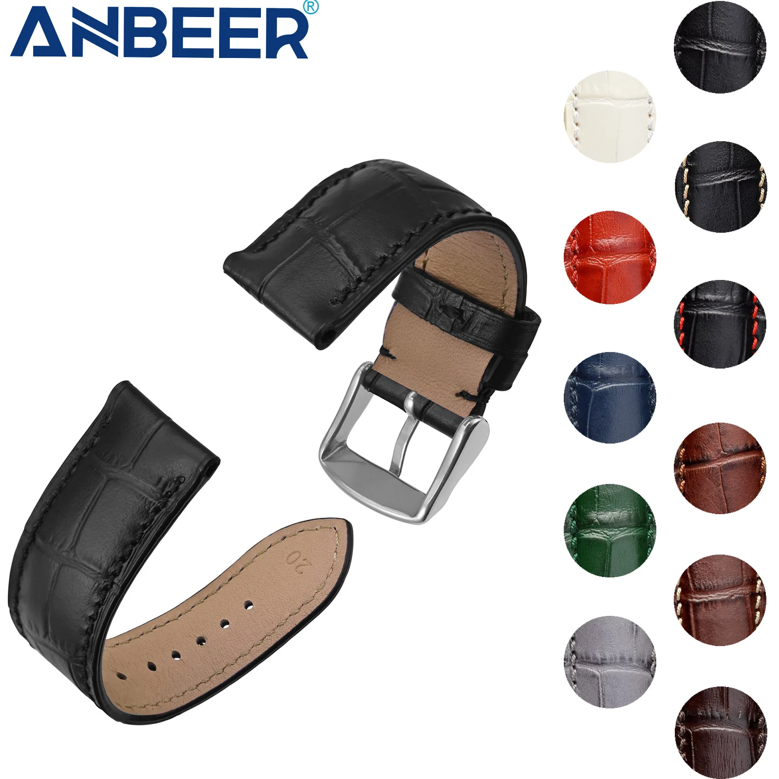 

ANBEER Alligator Texture Leather Watch Strap 14mm 18mm 19mm 20mm 21mm 22mm Watch Accessories Watch Band Silver Buckle