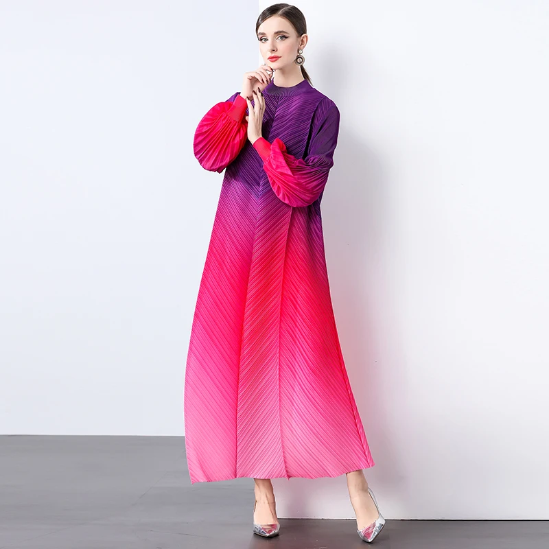 

Miyake Spring Gradient Color Muslim Robe Dresses Women's Stand Lantern Sleeve Oversized High Stretch Boho Long Party Vestidos