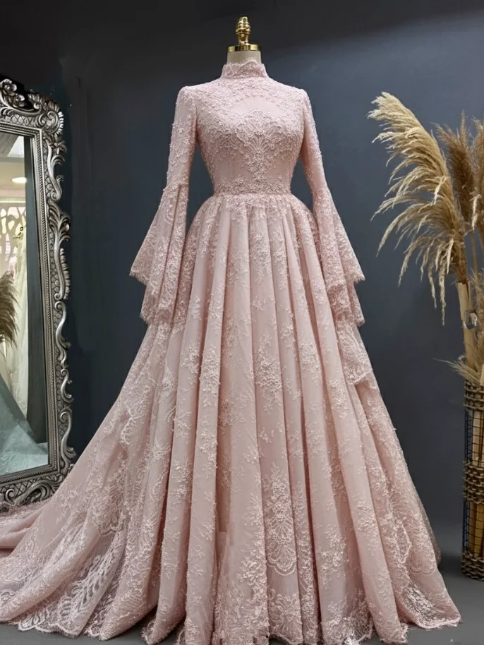 Luxuriöse Spitzen-Perlen Muslimische Abendkleider Hochgeschlossener Langarm-Kaftan Henna Nahost-Ballkleid Maßanfertigung