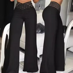 Women High Waist Flared Pants Office Casual Sheer Mesh Patch Crisscross Y2K Trousers Elegant Streetwear Work Pants Lady Clothes