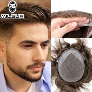 Heren Toupetje Kant & Pu Basis Pruiken Menselijk Haar Vervangingssysteem Unit Voor Mannen Duurzaam Mannelijk Haar Prothese Mannen Toupetje